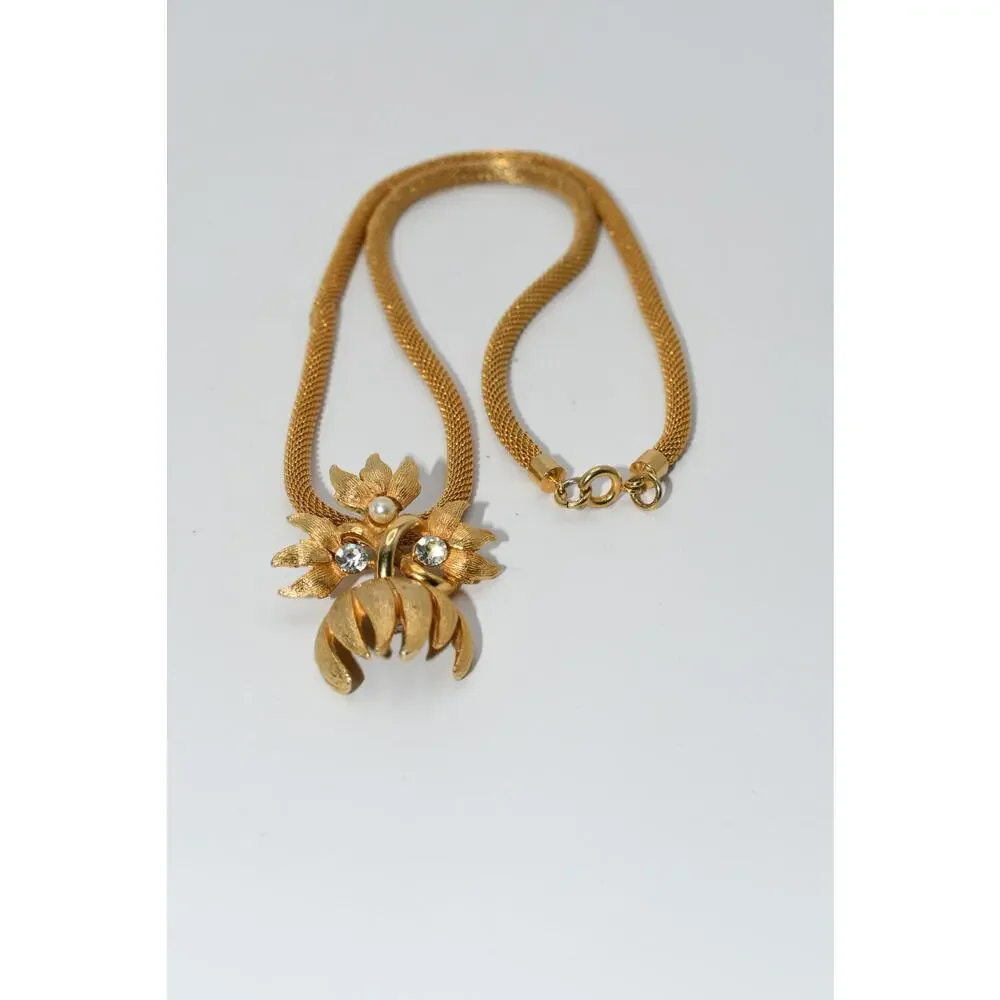 Vintage Gold Tone Floral Mesh Pendant Necklace Faux Pearl Rhinestones